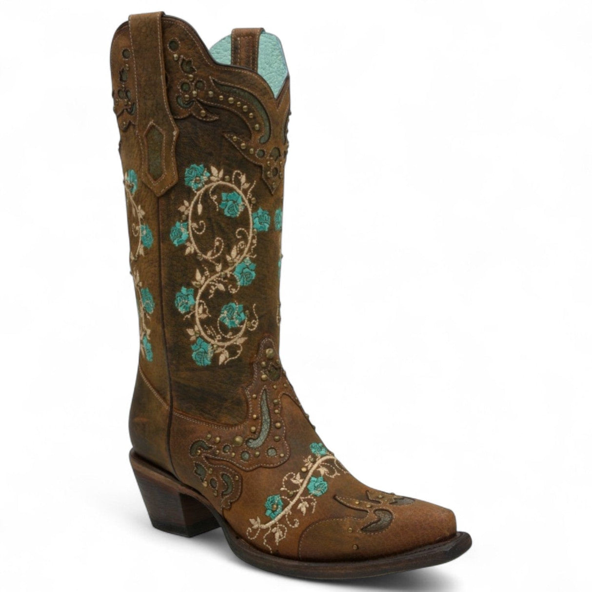 Rudel & Co. Boots Women's Genuine Leather Snip Toe Boots Pecan Brown With Flowers - Ive West