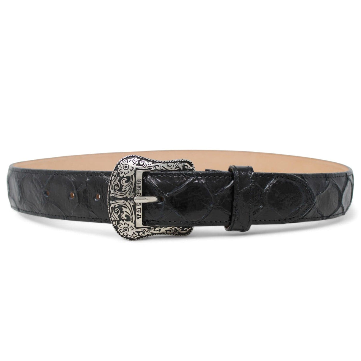 Tanner Mark Boots Belts Cinturón de Piel Genuina con Estampado de Pirarucu y Hebilla Metálica Texas Negro