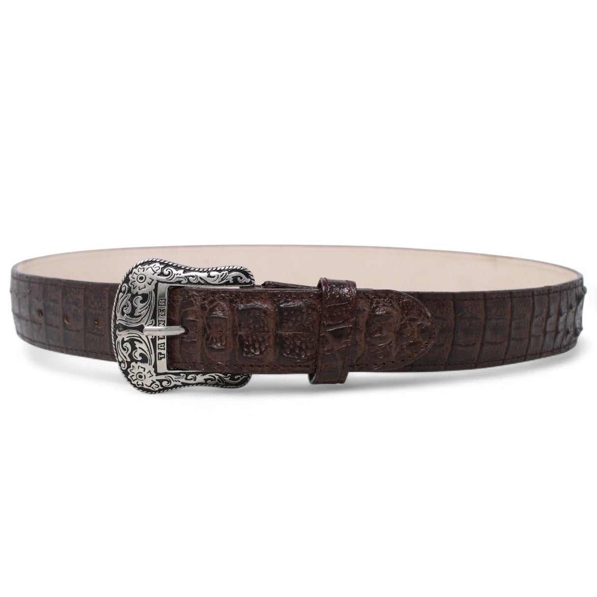 Tanner Mark Boots Belts Genuine Leather Caiman Hornback Print Texas Metal Buckle Belt Brown Color - Tanner Mark Boots