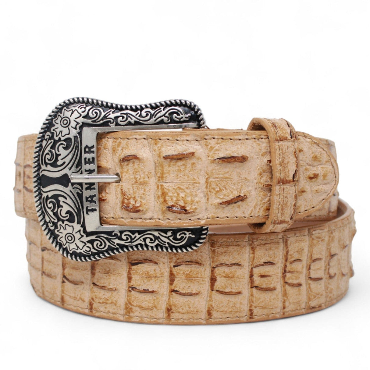 Tanner Mark Boots Belts Genuine Leather Caiman Hornback Print Texas Metal Buckle Belt Sand Color - Tanner Mark Boots