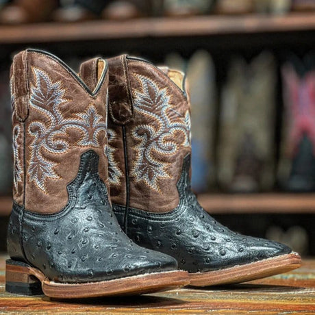 Tanner Mark Boots Boots Black / 7 Tanner Mark Kid's Ostrich Print Square Toe Boots - Duke