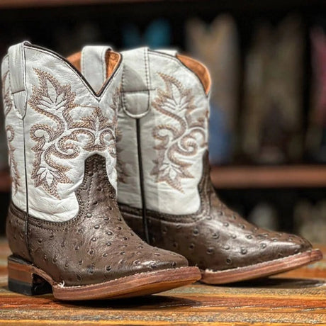 Tanner Mark Boots Boots Brown / 7 Tanner Mark Kid's Ostrich Print Square Toe Boots - Shane