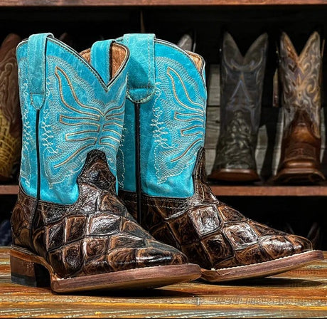 Tanner Mark Boots Boots Chocolate / 7 Tanner Mark Kid's Monster Fish Print Square Toe Boots - Cooper