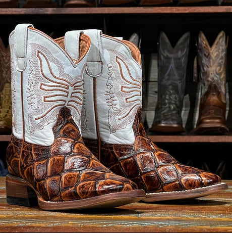 Tanner Mark Boots Boots Cognac / 7 Tanner Mark Kid's Monster Fish Print Square Toe Boots - Arnold