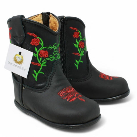 White Diamonds Boots Boots Black / 2 Genuine Leather Baby Girl Boots Round Toe with Flowers