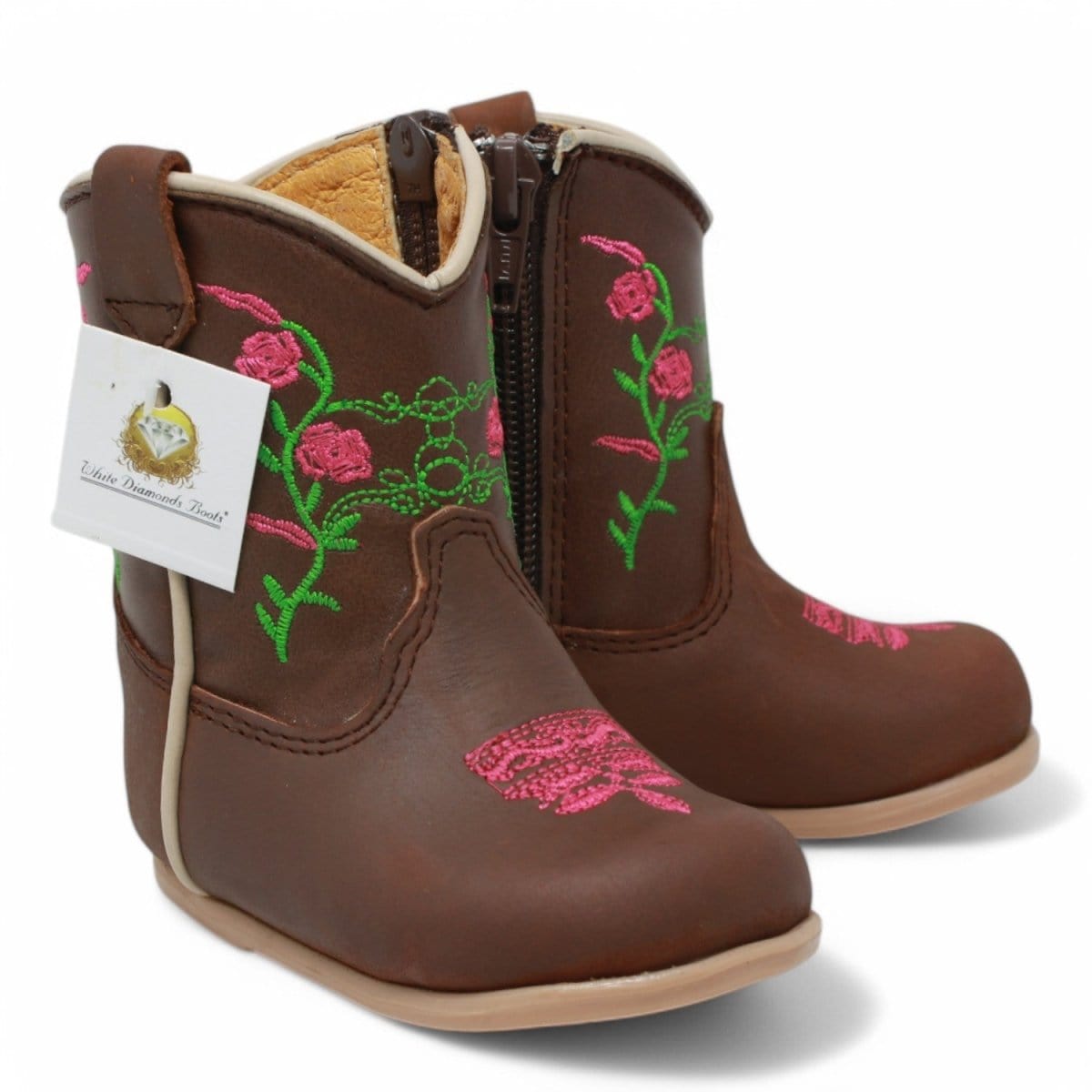 White Diamonds Boots Boots Brown / 2 Genuine Leather Baby Girl Boots Round Toe with Flowers
