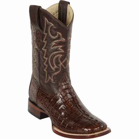 Western Genuine Caiman Tail Skin Rodeo Wide Square Toe Boots Brown Color - Los Altos Boots - SIde View