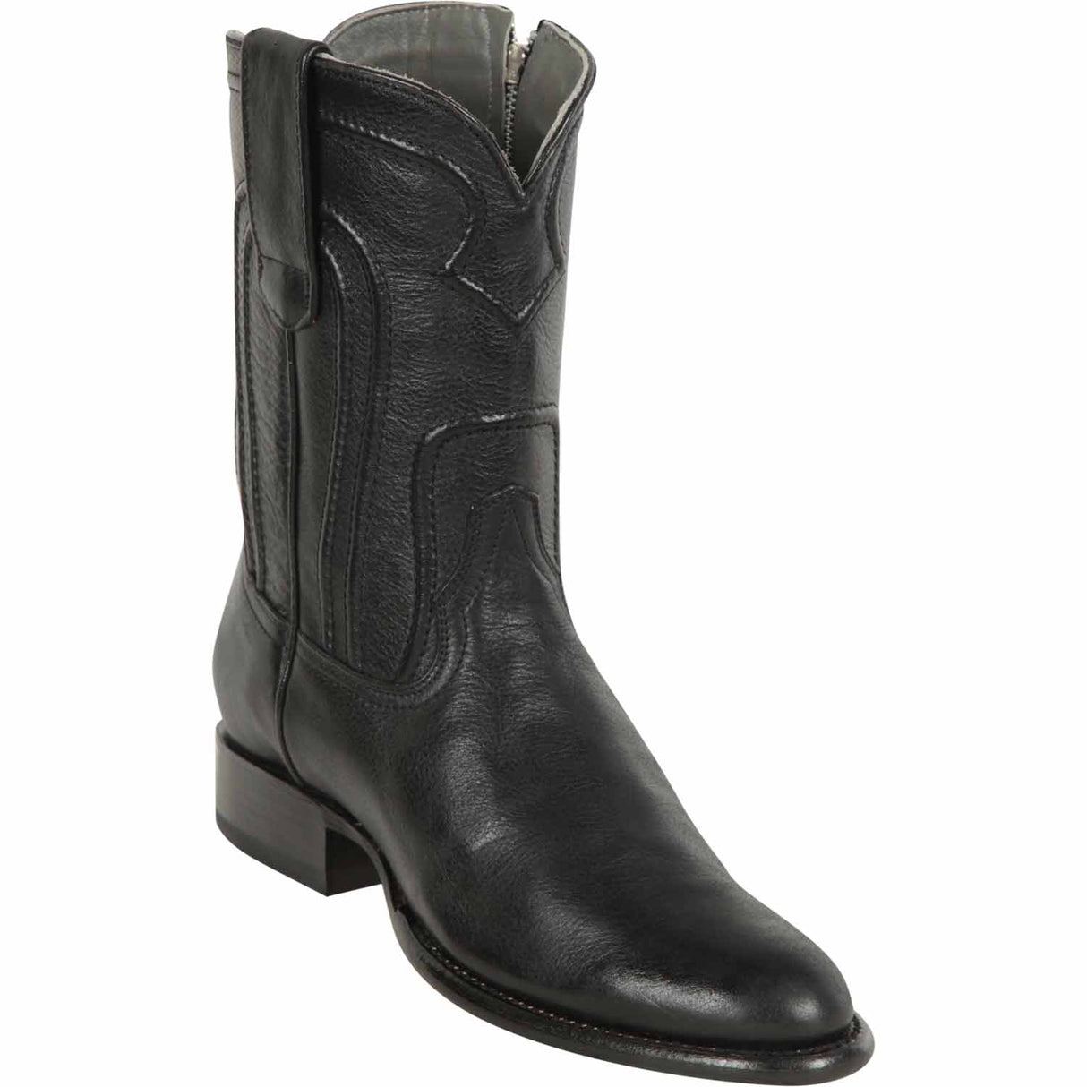 Western Genuine Belmont Leather Roper Toe Boots With Zipper Black Color - Los Altos Boots - Side View