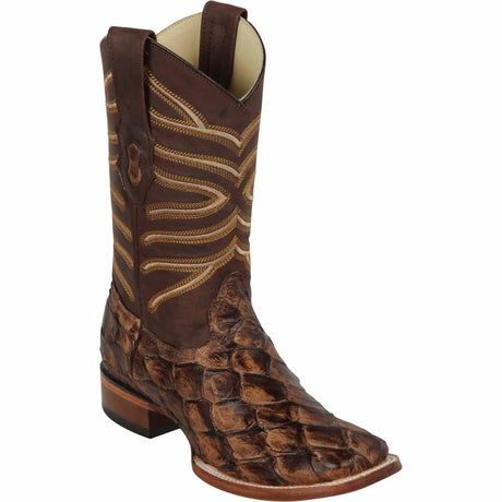 Western Genuine Piraruccu Skin Rodeo Wide Square Toe Boots Cacao Matte Color - Los Altos Boots - Side View