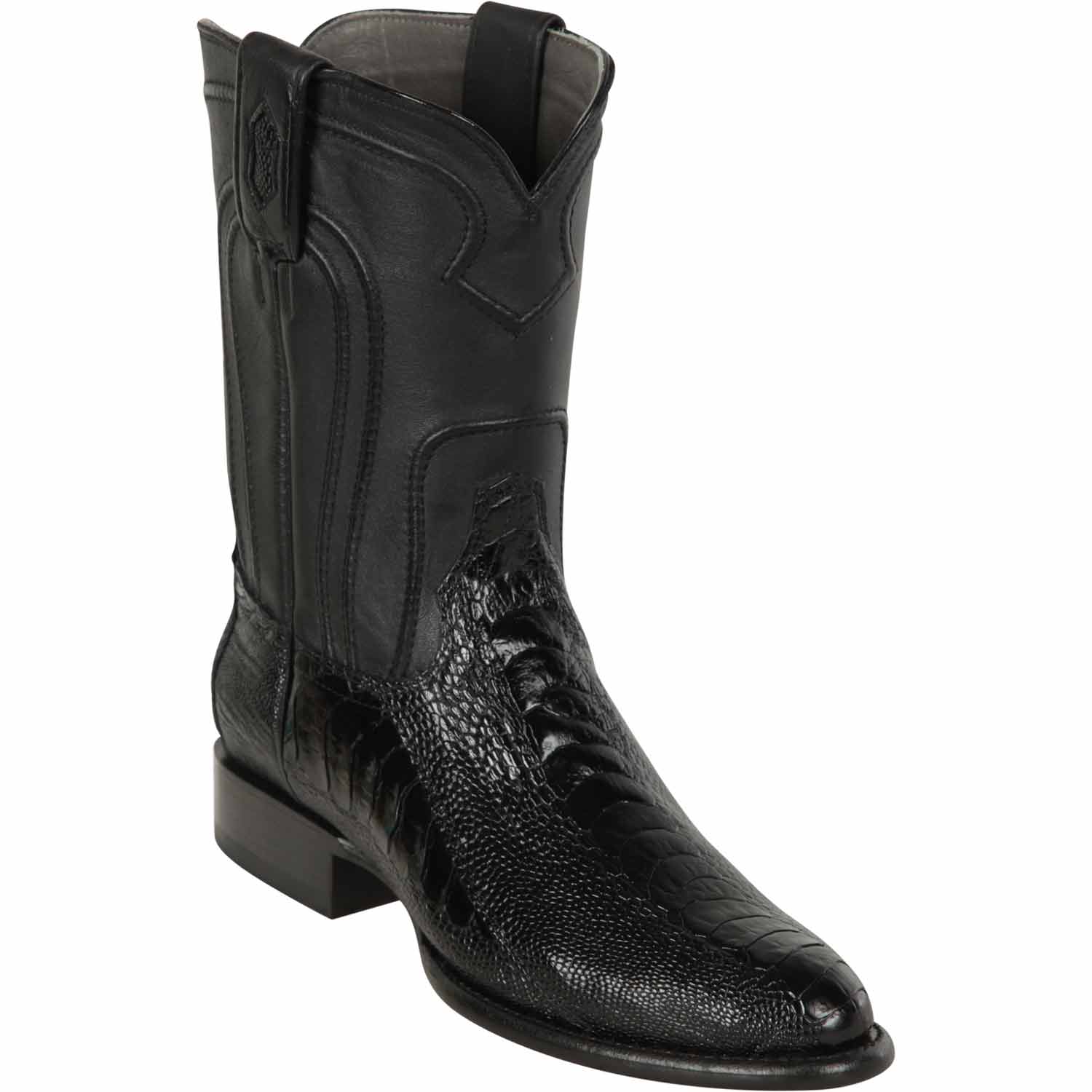 Western Genuine Ostrich Leg Skin Roper Toe Boots Black Color - Los Altos Boots - Side View