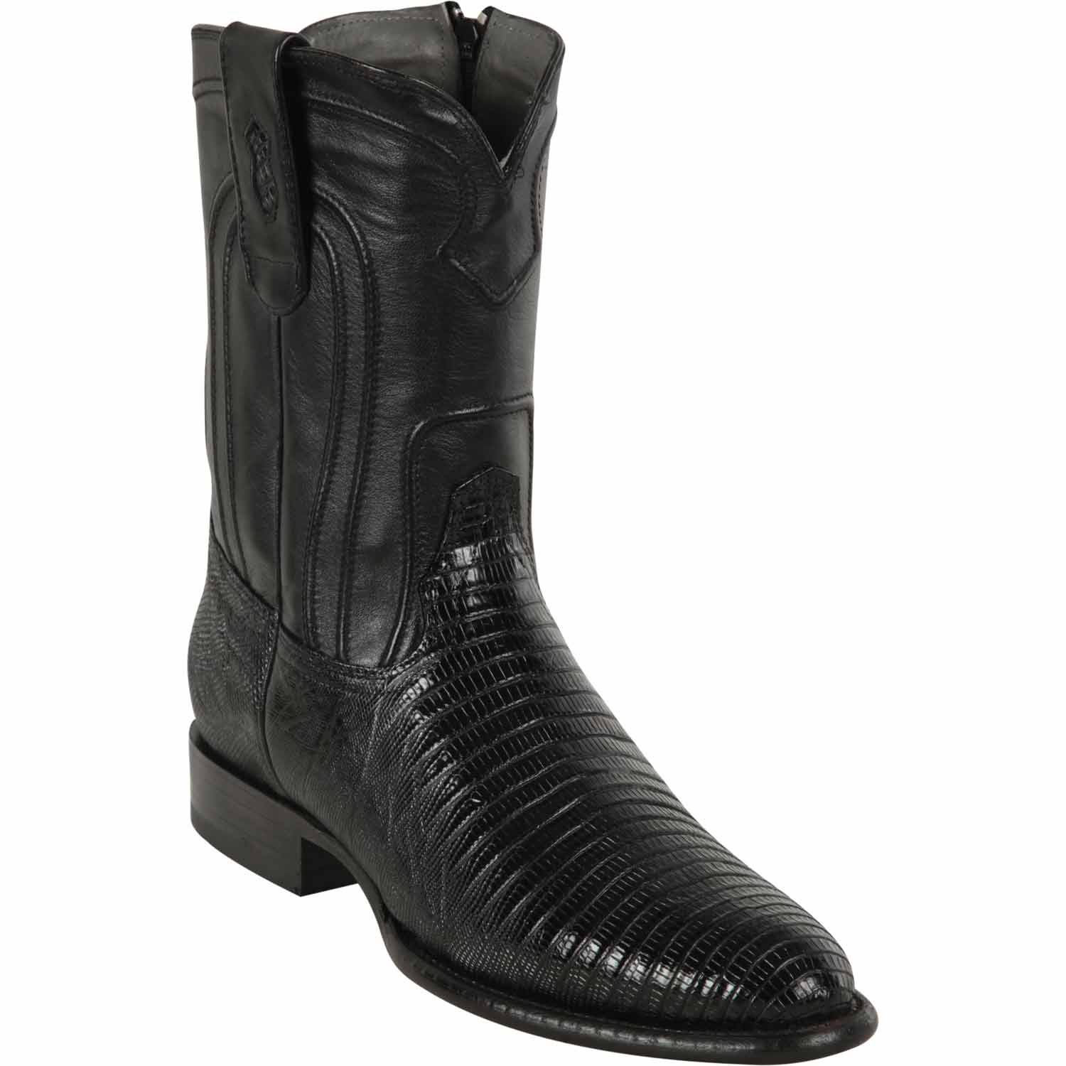 Western Genuine Teju Skin Roper Toe Boots With ZIpper Black Color - Los Altos Boots - Side View