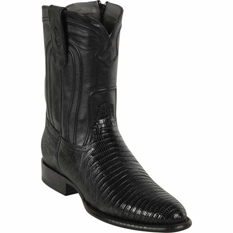 Western Genuine Teju Skin Roper Toe Boots With ZIpper Black Color - Los Altos Boots - Side View