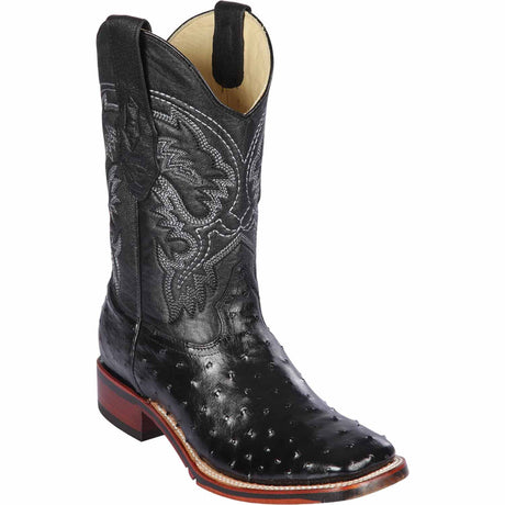 Western Genuine Ostrich Skin Rodeo Wide Square Toe Boots Black Color - Los Altos  Boots - SIde View