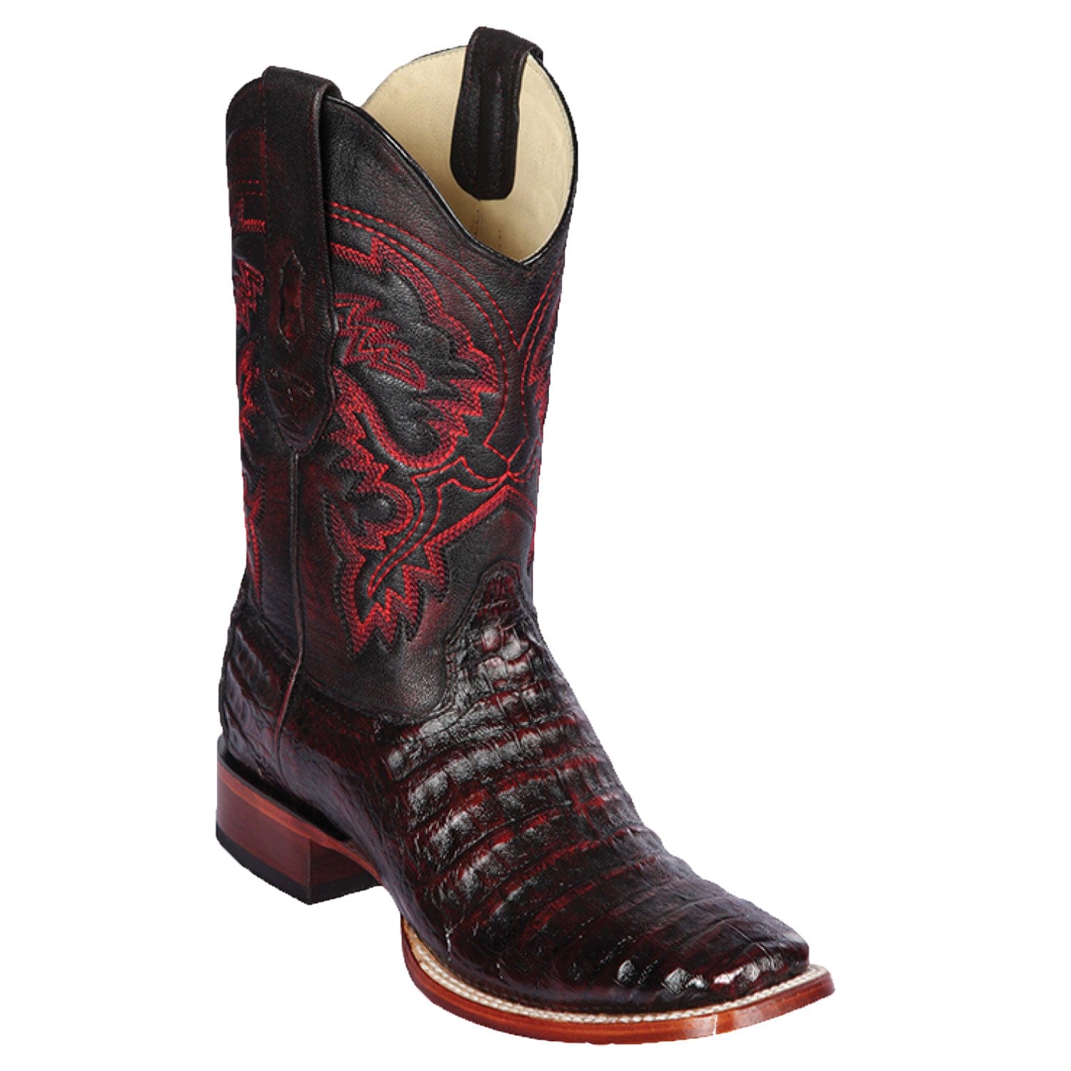 Los Altos Boots Boots Men's Genuine Caiman Belly Skin Rodeo Wide Square Toe Boots Black Cherry Color - Los Altos Boots