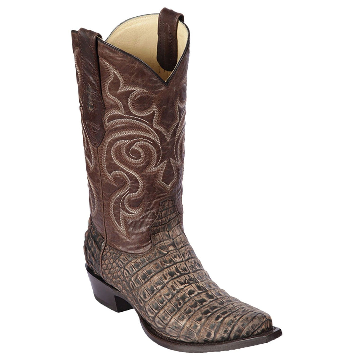 Western Genuine Caiman Belly Skin Snip Toe Boots Sanded Brown Color - Los Altos Boots - Side View