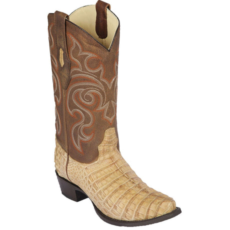 Western Genuine Caiman Belly Skin Snip Toe Boots Greasy Honey Color - Los Altos Boots - Side View