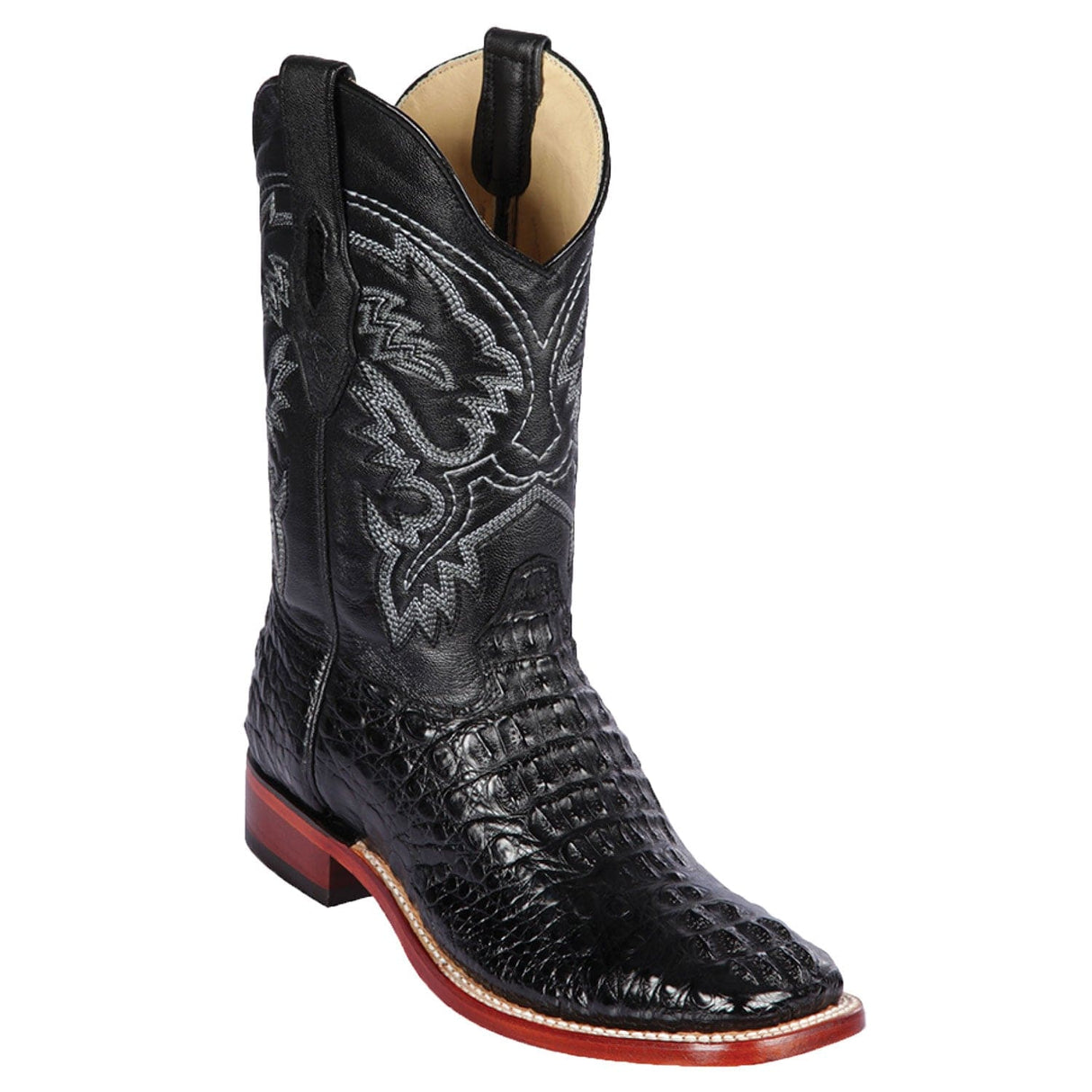 Western Genuine Caiman Hornback Skin Rodeo Wide Square Toe Boots Black Color - Los Altos Boots - SIde View