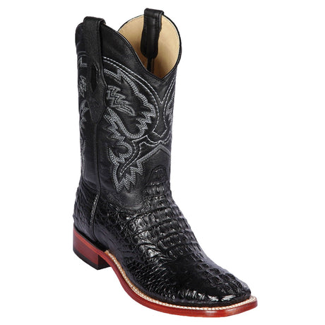 Western Genuine Caiman Hornback Skin Rodeo Wide Square Toe Boots Black Color - Los Altos Boots - SIde View