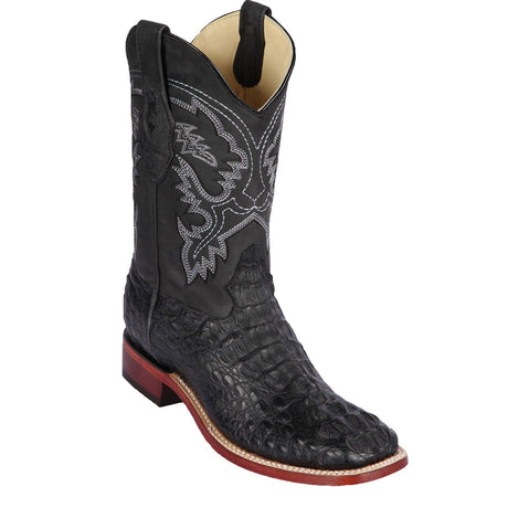 Western Genuine Caiman Hornback Skin Rodeo Wide Square Toe Boots Black Color - Los Altos Boots - SIde View