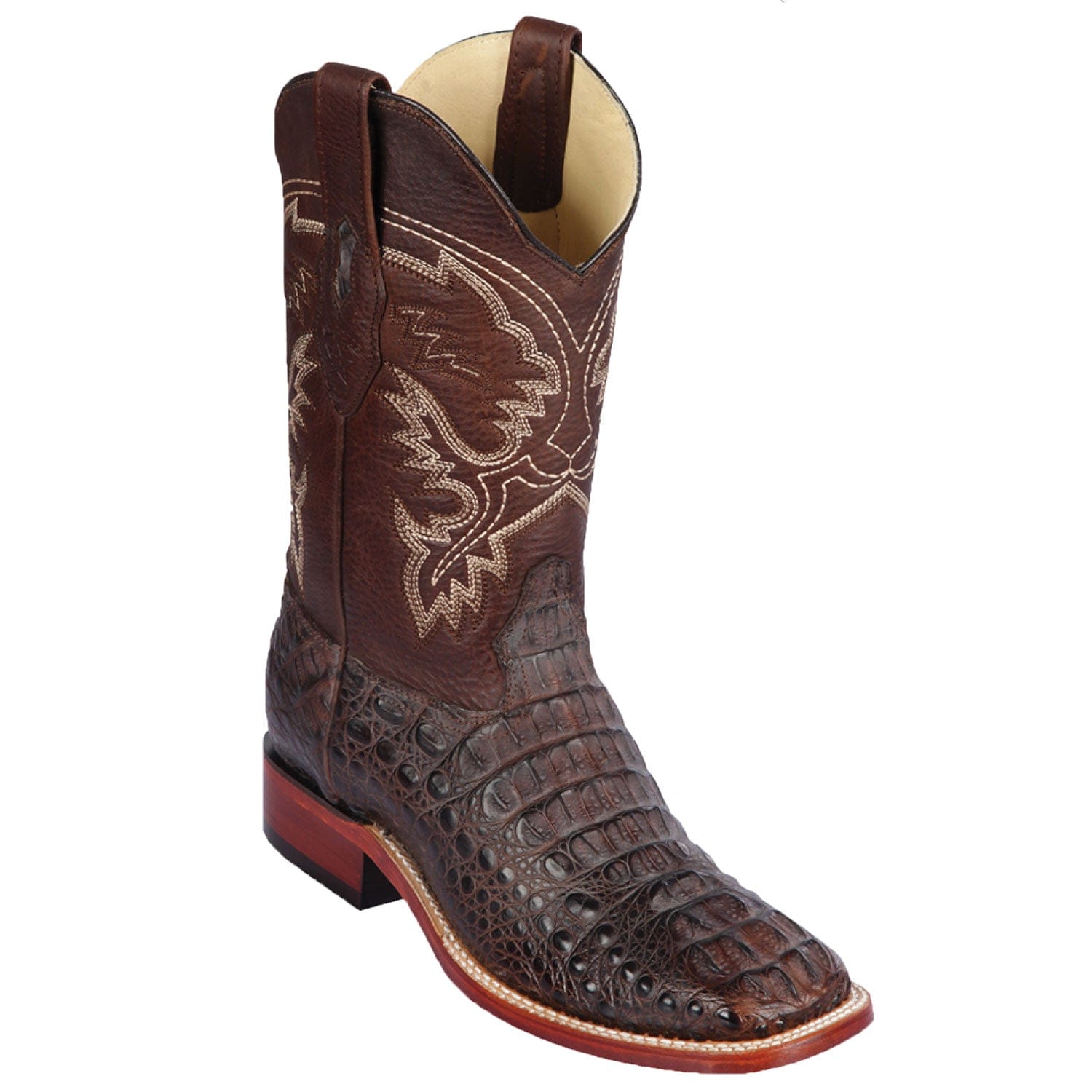 Western Genuine Caiman Hornback Skin Rodeo Wide Square Toe Boots Brown Color - Los Altos Boots - SIde View