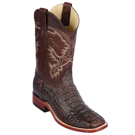 Western Genuine Caiman Hornback Skin Rodeo Wide Square Toe Boots Brown Color - Los Altos Boots - SIde View