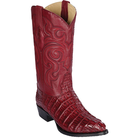 Western Genuine Caiman Tail Skin J Toe Boots Burgundy Color - Los Altos Boots - Side View