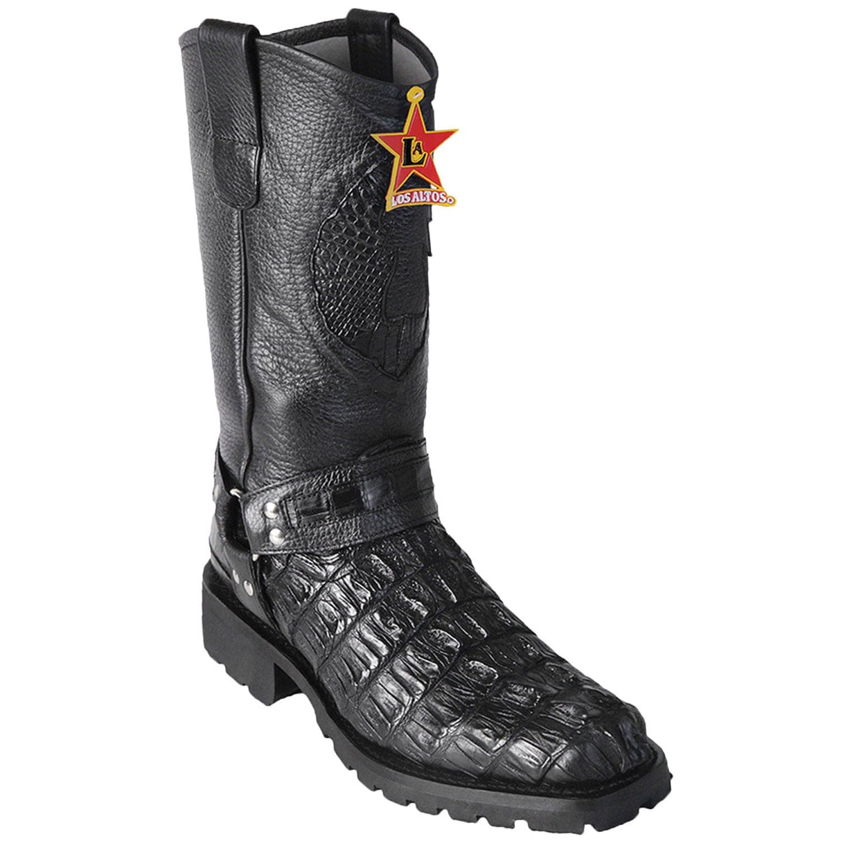 Western Genuine Caiman Tail Skin Biker Boots Black Color - Los Altos Boots - Side View