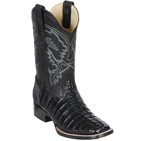 Western Genuine Caiman Tail Skin Rodeo Wide Square Toe Boots Black Color - Los Altos Boots - SIde View
