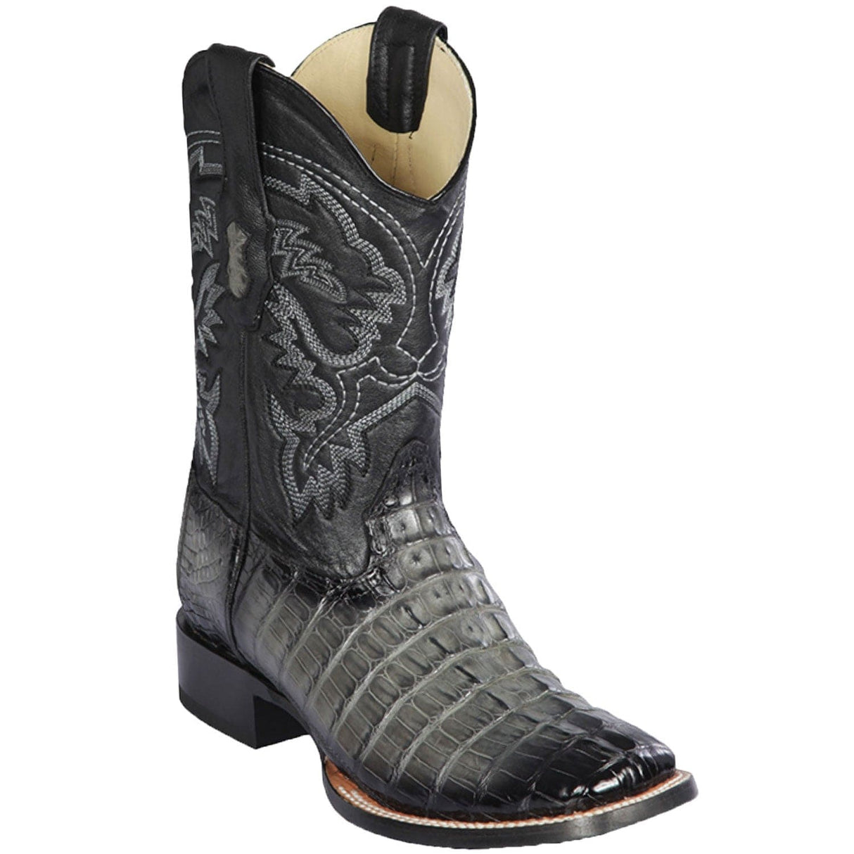 Western Genuine Caiman Tail Skin Rodeo Wide Square Toe Boots Faded Cognac Color - Los Altos Boots - SIde View
