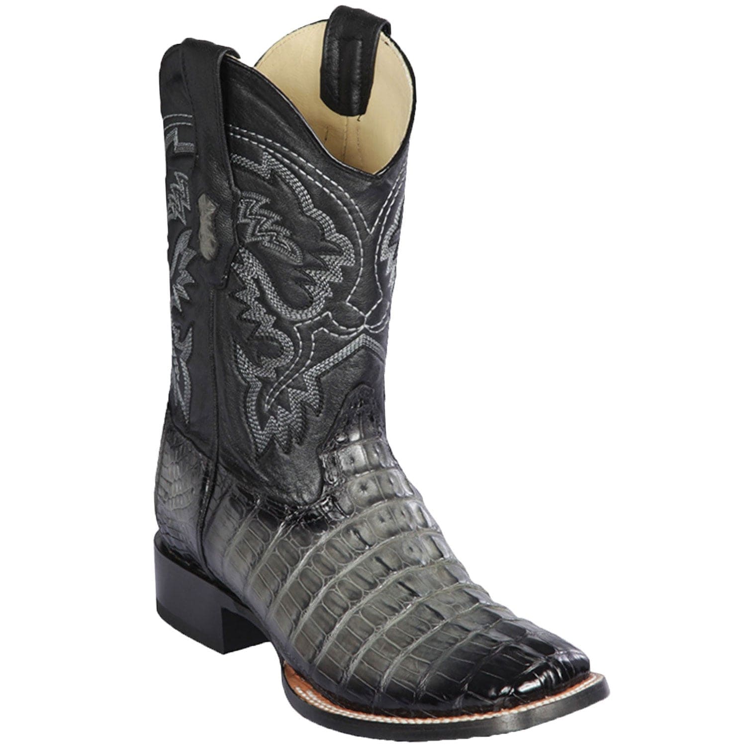 Western Genuine Caiman Tail Skin Rodeo Wide Square Toe Boots Faded Cognac Color - Los Altos Boots - SIde View
