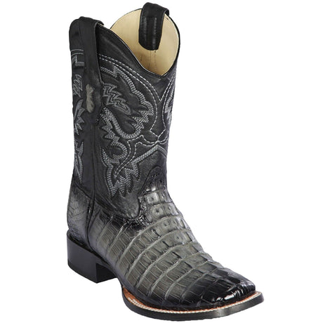 Western Genuine Caiman Tail Skin Rodeo Wide Square Toe Boots Faded Cognac Color - Los Altos Boots - SIde View