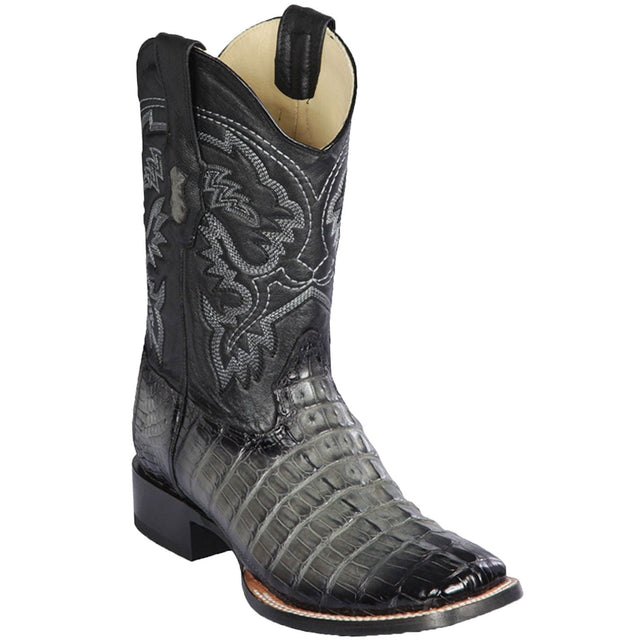 Western Genuine Caiman Tail Skin Rodeo Wide Square Toe Boots Faded Cognac Color - Los Altos Boots - SIde View