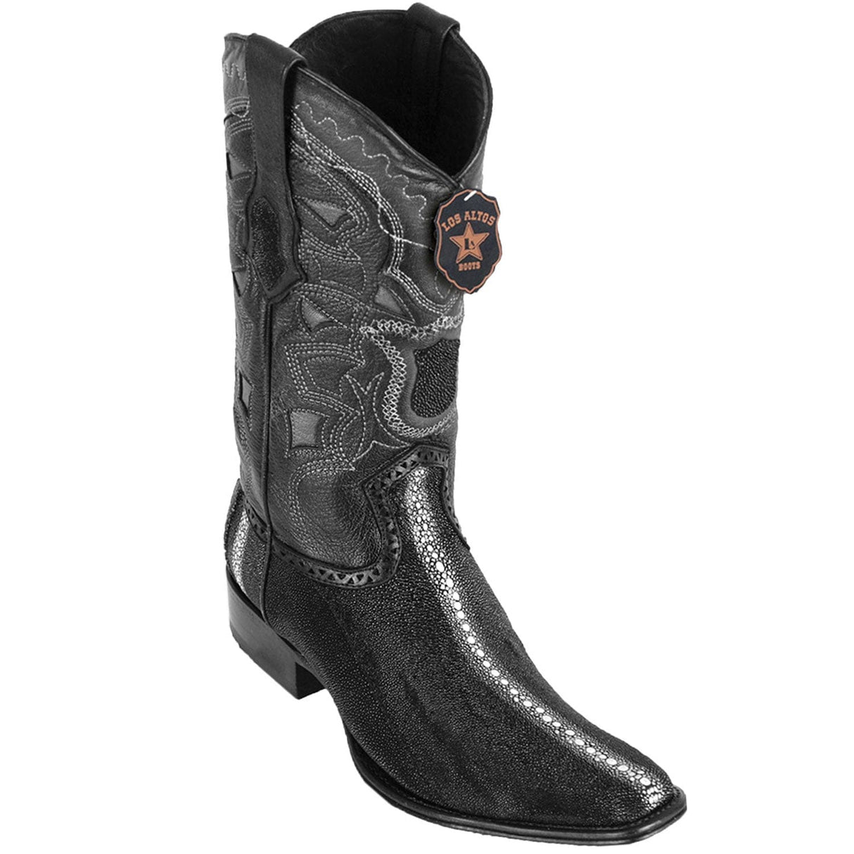 Western Genuine Stingray Skin Row Stone European Square Toe Boots Black Color - Los Altos Boots - Side View