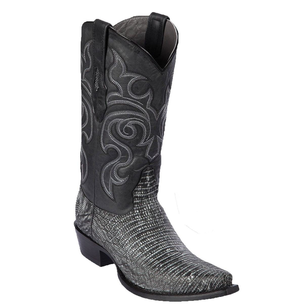 Western Genuine Teju Lizard Skin Snip Toe Boots Sanded Black Color - Los Altos Boots - Side View