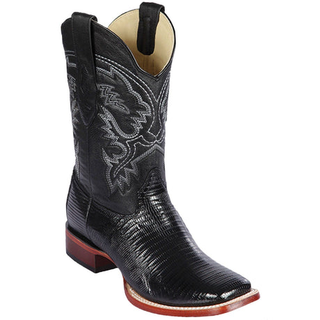 Western Genuine Teju Lizard Skin Rodeo Wide Square Toe Boots Black Color - Los Altos Boots - Side View