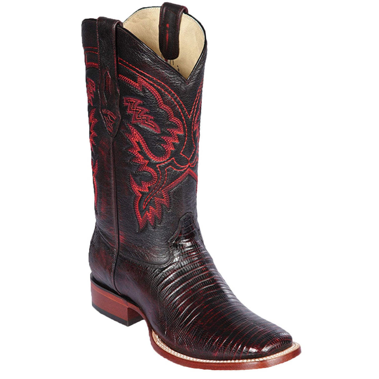 Western Genuine Teju Lizard Skin Wide Rodeo Square Toe Boots Black Cherry Color - Los Altos Boots - Side View