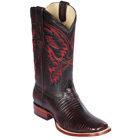 Western Genuine Teju Lizard Skin Wide Rodeo Square Toe Boots Black Cherry Color - Los Altos Boots - Side View