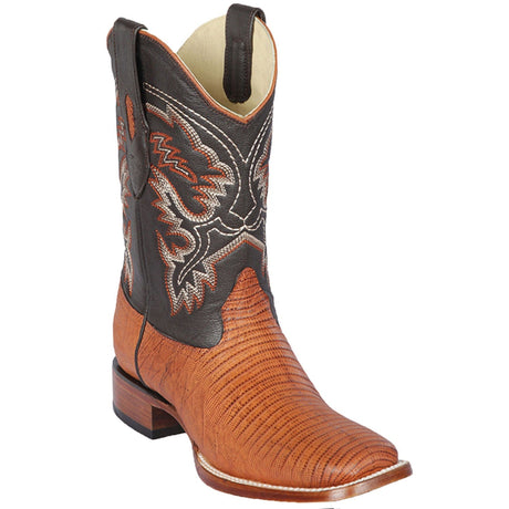 Western Genuine Teju Lizard Skin Rodeo Wide Square Toe Boots Honey Color - Los Altos Boots - Side View