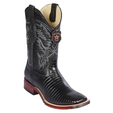 Western Genuine Teju Lizard Skin Rodeo Wide Square Toe Boots Black Color - Los Altos Boots - Side View