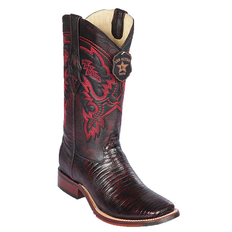Western Genuine Teju Lizard Skin Rodeo Wide Square Toe Boots Black Cherry Color - Los Altos Boots - Side View