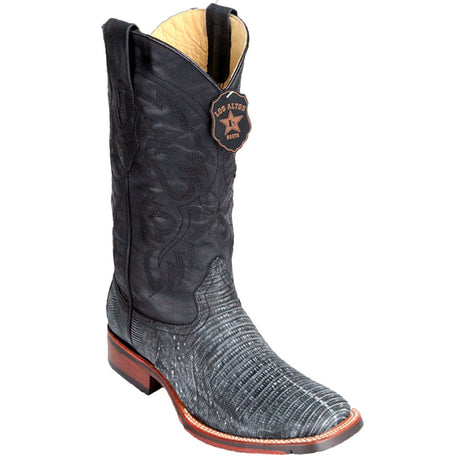Western Genuine Teju Lizard Skin Rodeo Wide Square Toe Boots Sanded Black Color - Los Altos Boots - Side View