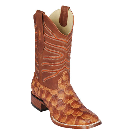 Western Genuine Piraruccu Skin Rodeo Wide Square Toe Boots Cognac Matte Color - Los Altos Boots - Side View