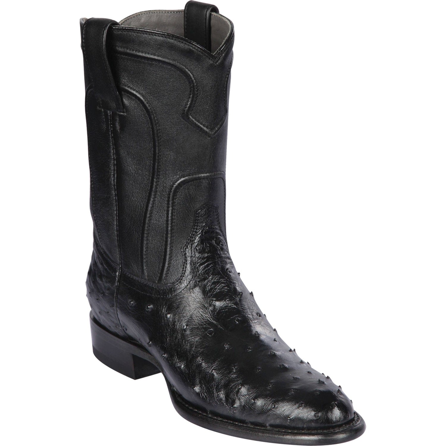 Western Genuine Ostrich Skin Roper Toe Boots Black Color - Los Altos Boots  Side View