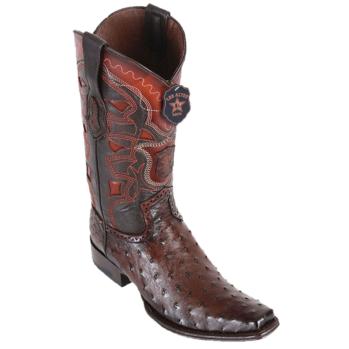 Western Genuine Ostrich Skin European Square Toe Boots Faded Brown Color - Los Altos Boots - Side View