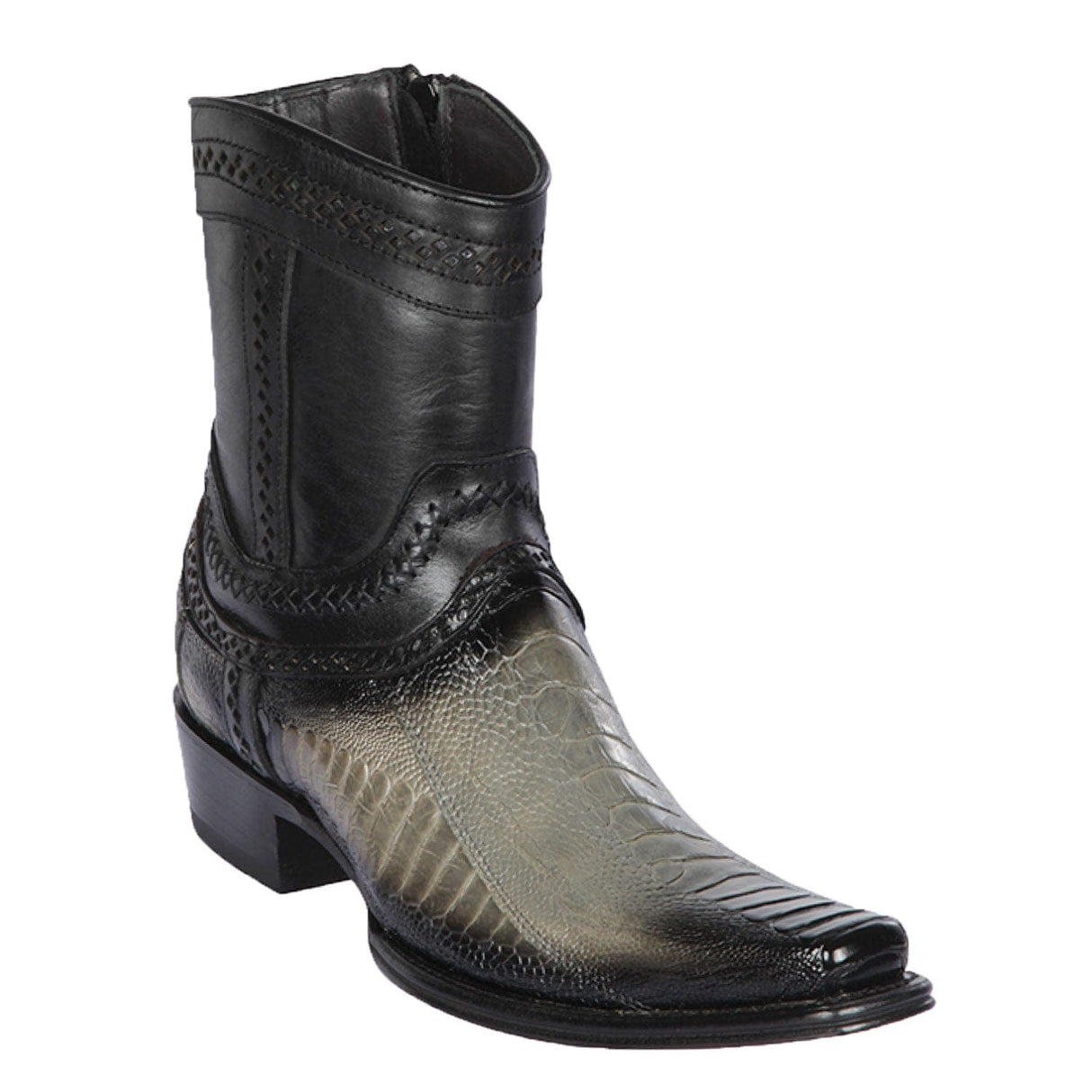 Men's Genuine Ostrich Leg Skin European Square Toe Short Boots With Zipper Faded Gray Color - Los Altos Boots