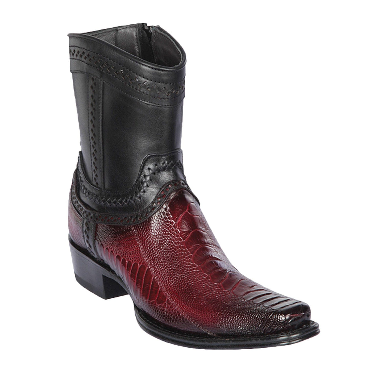 Men's Genuine Ostrich Leg Skin European Square Toe Short Boots With Zipper Faded Burgundy Color - Los Altos Boots
