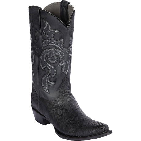 Western Genuine Ostrich Leg Skin Snip Toe Boots Greasy Black Color - Los Altos Boots - SIde View