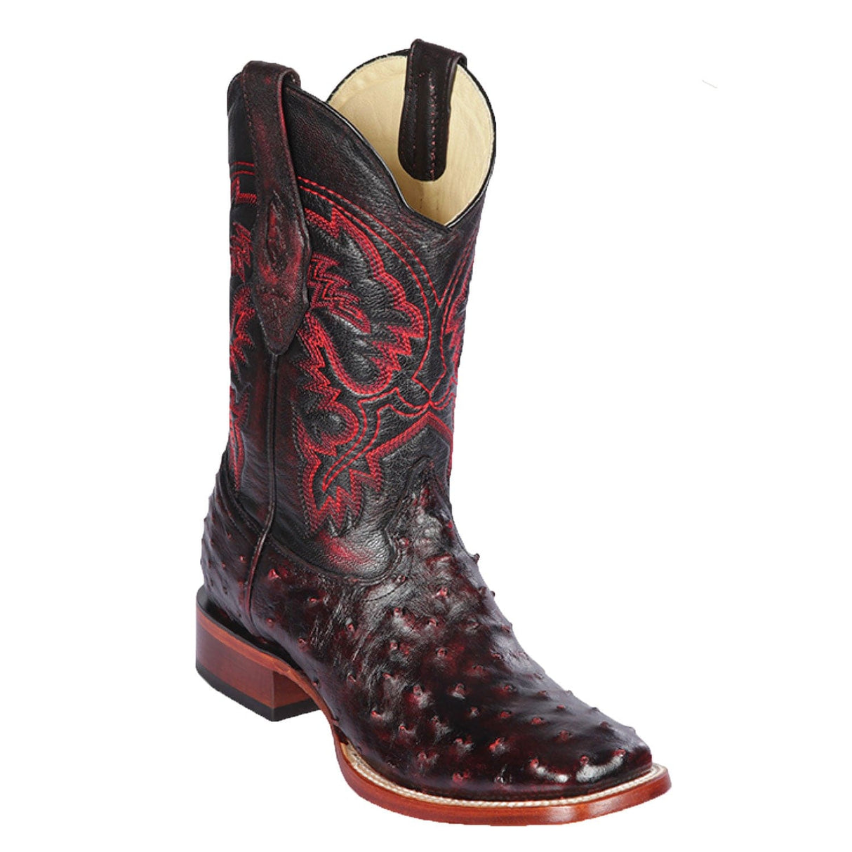 Western Genuine Ostrich Skin Rodeo Wide Square Toe Boots Black Cherry  Color - Los Altos Boots - Side View