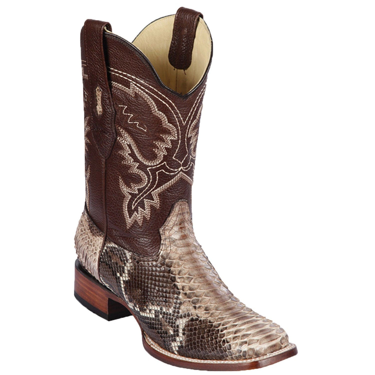 Western Genuine Python Skin Rodeo Wide Square Toe Boots Rustic Brown Color - Los Altos Boots - Side View