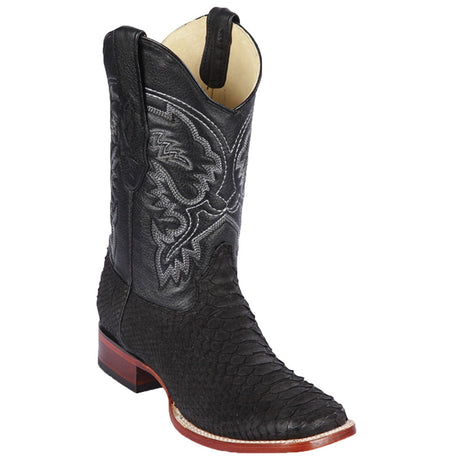 Western Genuine Python Skin Rodeo Wide Square Toe Boots Nobuck Black Color- Los Altos Boots - Side View